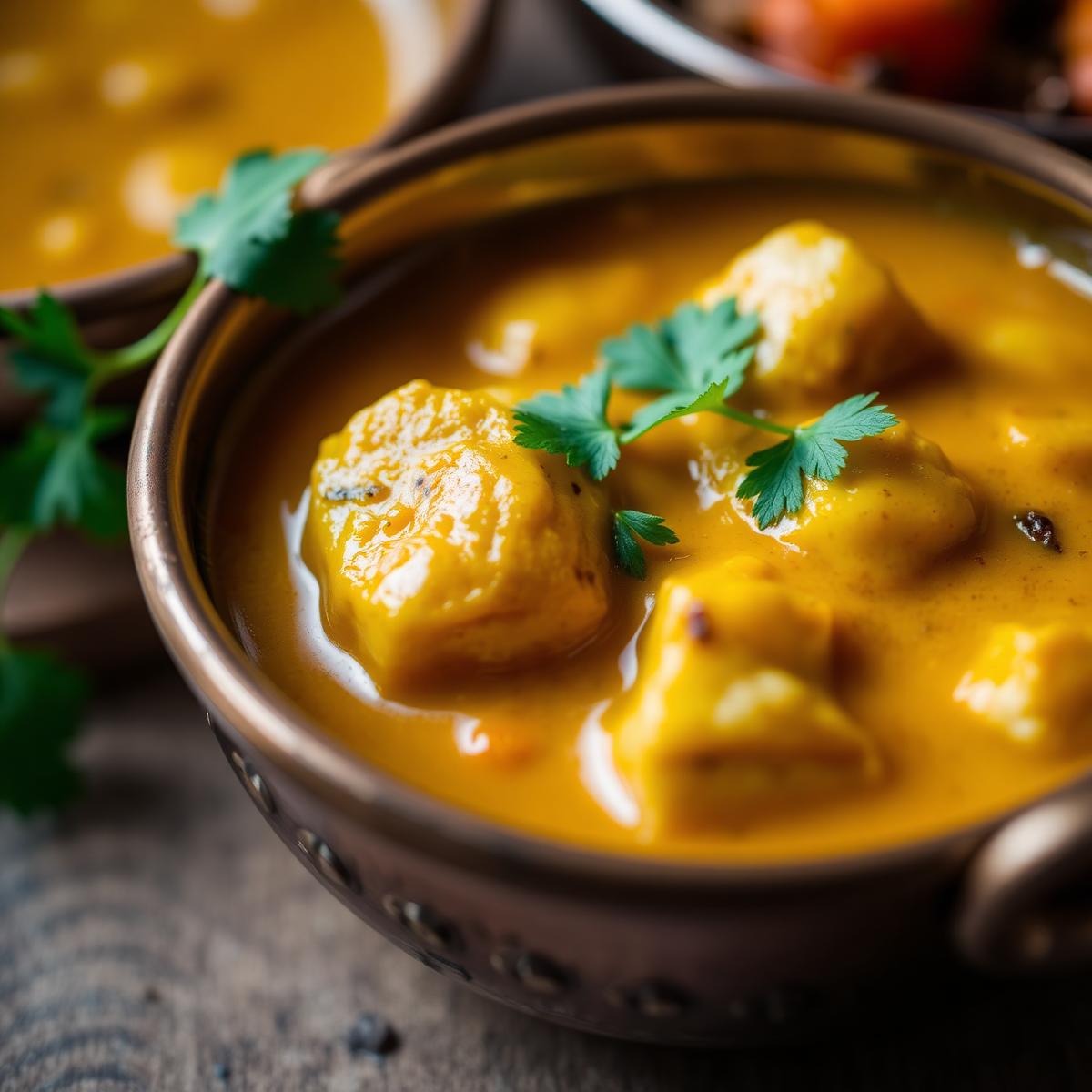 A bowl of golden paneer curry